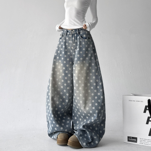 显瘦慵懒风宽松阔腿裤 子蓝色波点牛仔裤 子高品质 加绒裤 2025冬季