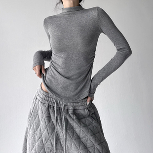 新款 保暖修身 打底衫 百搭T恤长袖 半高领内搭 女灰色韩版 2025秋冬季