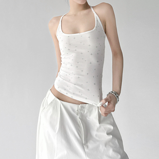 纯欲风修身印花吊带背心女2026夏季新款紧身显瘦白色短款T恤上衣