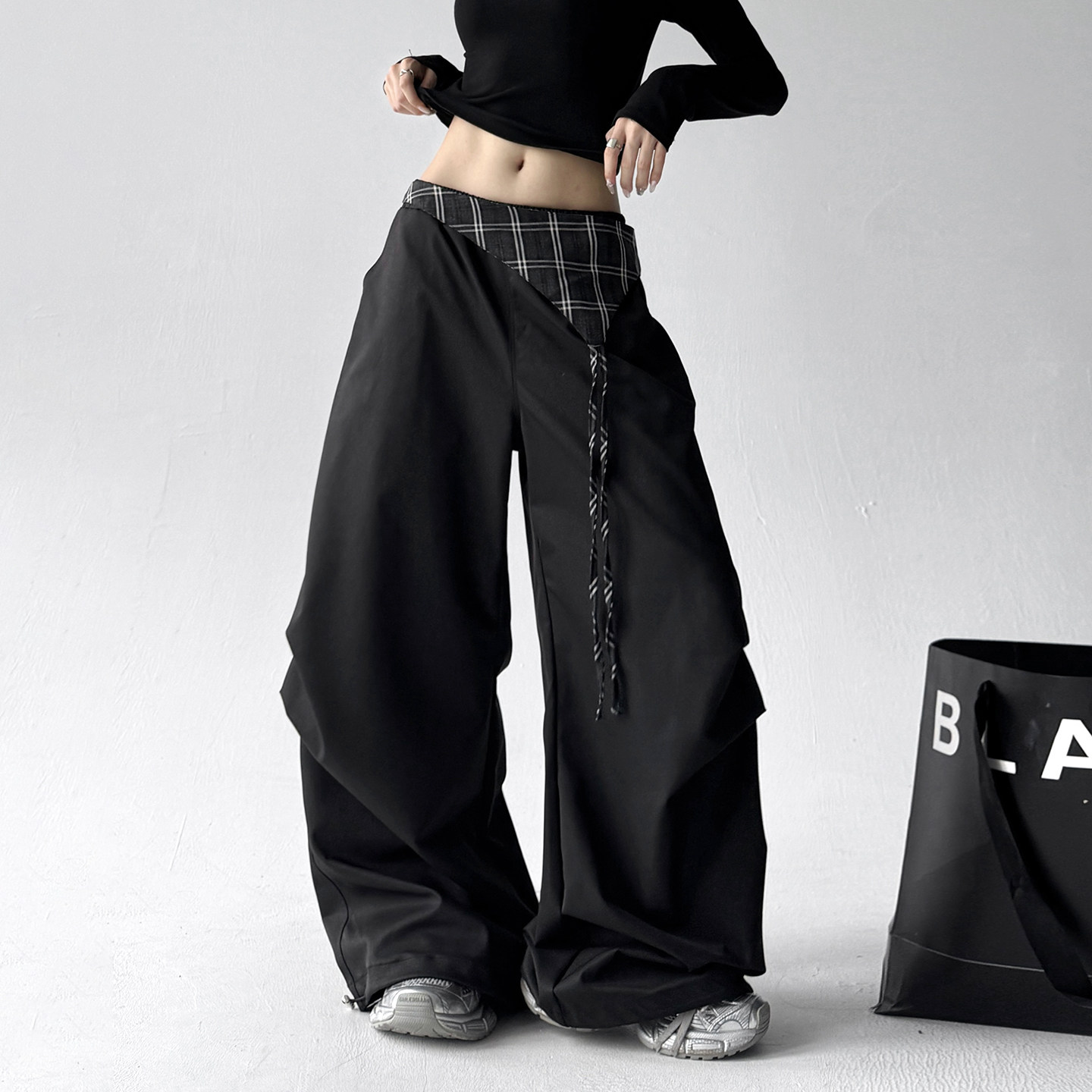 2025秋季新款设计感小众松紧腰抽绳束脚工装裤休闲美式复古,女装/女士精品,休闲裤,淘宝优惠券,粉丝福利购,淘宝优惠卷