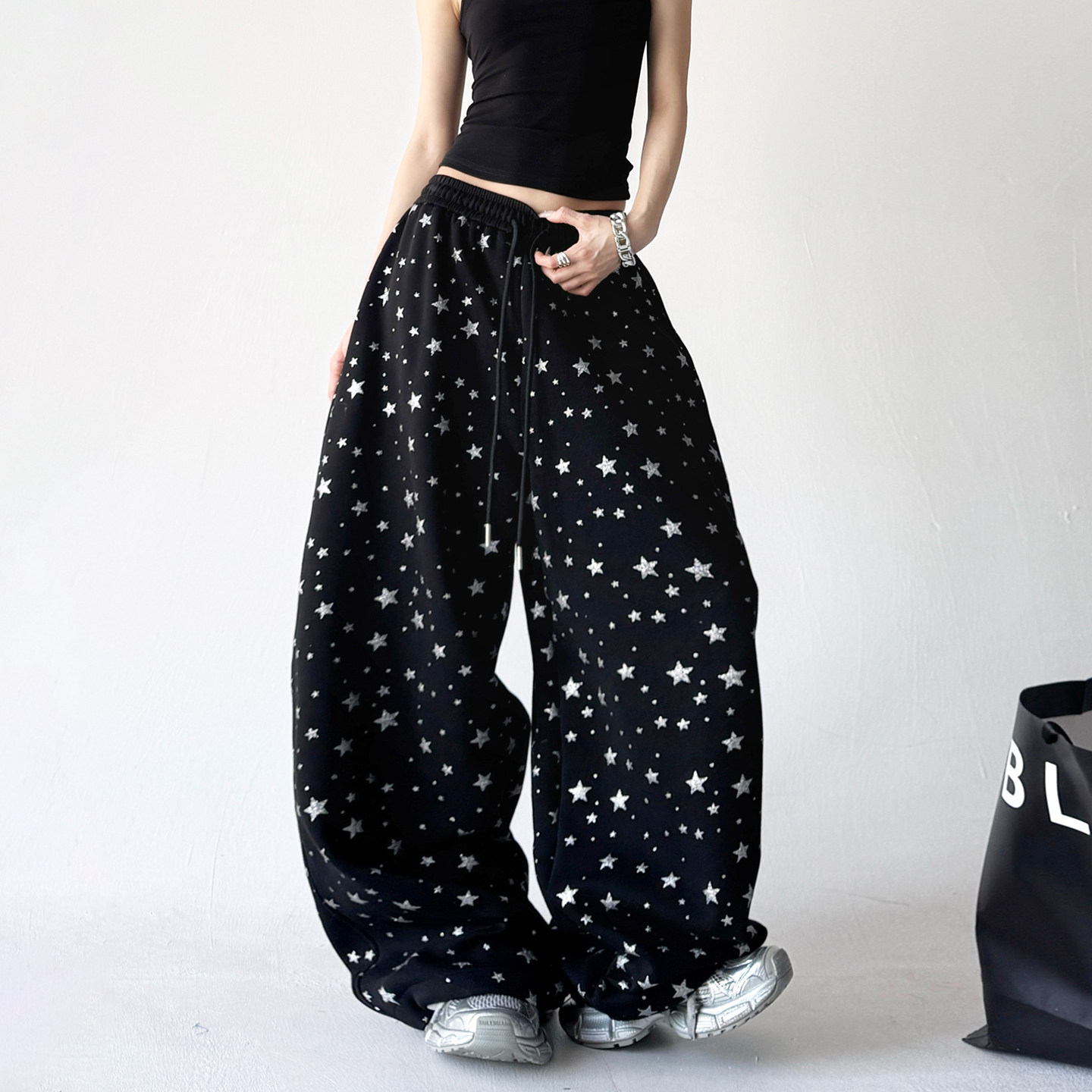 木昱子慵懒风星星印花卫裤女黑色宽松休闲阔腿裤垂坠感裤子,女装/女士精品,卫裤,淘宝优惠券,粉丝福利购,淘宝优惠卷