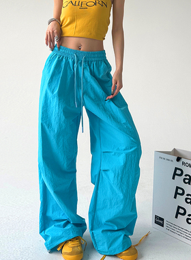 湖蓝色复古褶皱伞兵工装裤女2025秋季宽松直筒夏天休闲阔腿运动裤