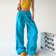 女2026春秋宽松直筒户外休闲阔腿运动裤 湖蓝色复古褶皱伞兵工装 裤