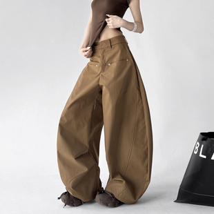 高腰宽松显瘦百搭休闲拖地弯刀阔腿裤 焦糖色工装 2026新款 女春季 裤