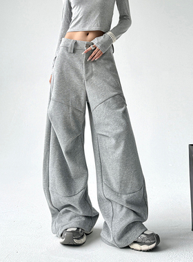 美式灰色重磅运动卫裤女冬季潮牌宽松褶皱设计感直筒阔腿休闲长裤