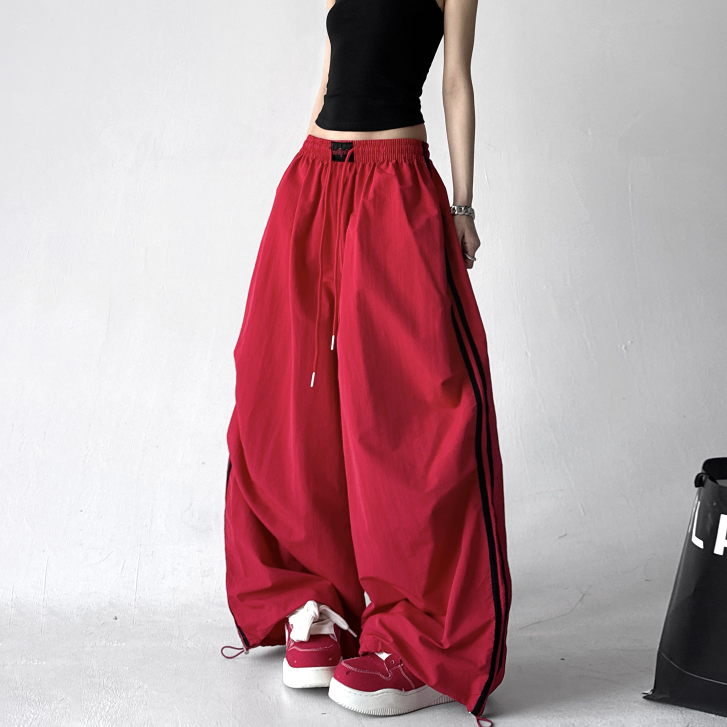 复古运动风撞色条纹阔腿裤女松紧腰系带伞兵裤休闲裤,女装/女士精品,休闲裤,淘宝优惠券,粉丝福利购,淘宝优惠卷