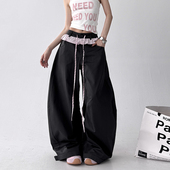 女高个子慵懒风宽松休闲裤 穿搭条纹花边设计感阔腿裤 新款 2026春季
