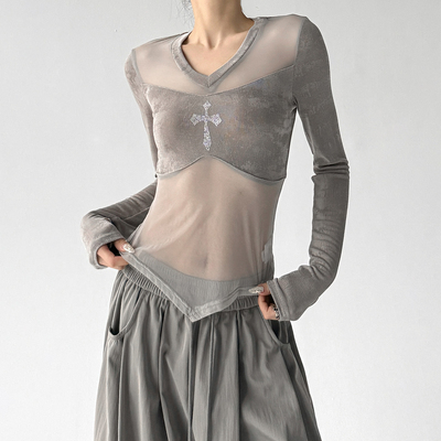 纯欲风网纱拼接长袖上衣女2026夏装十字架钻设计感不规则防晒T恤