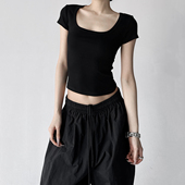 短款 极简风黑色短袖 T恤女修身 方领螺纹内搭外穿日常穿搭打底上衣