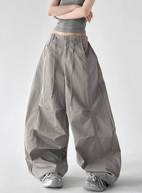 工装降落伞裤女2026春季新款灰色宽松阔腿裤伞兵裤独特百搭休闲裤