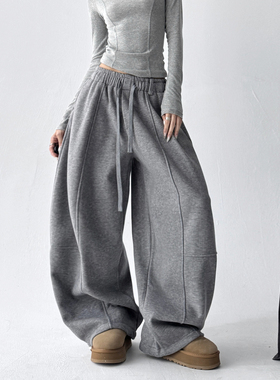 2025冬季新款灰色高级感加绒休闲裤子女宽松阔腿时髦垂感运动卫裤