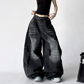 宽松垂感直筒阔腿拖地裤 新款 女2026春装 流行酷感风廓形黑色牛仔裤