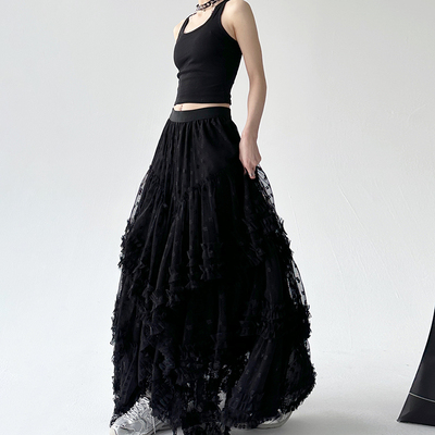 日系松紧腰2025蕾丝花边半身裙a字纱裙甜美公主蓬蓬蛋糕长裙