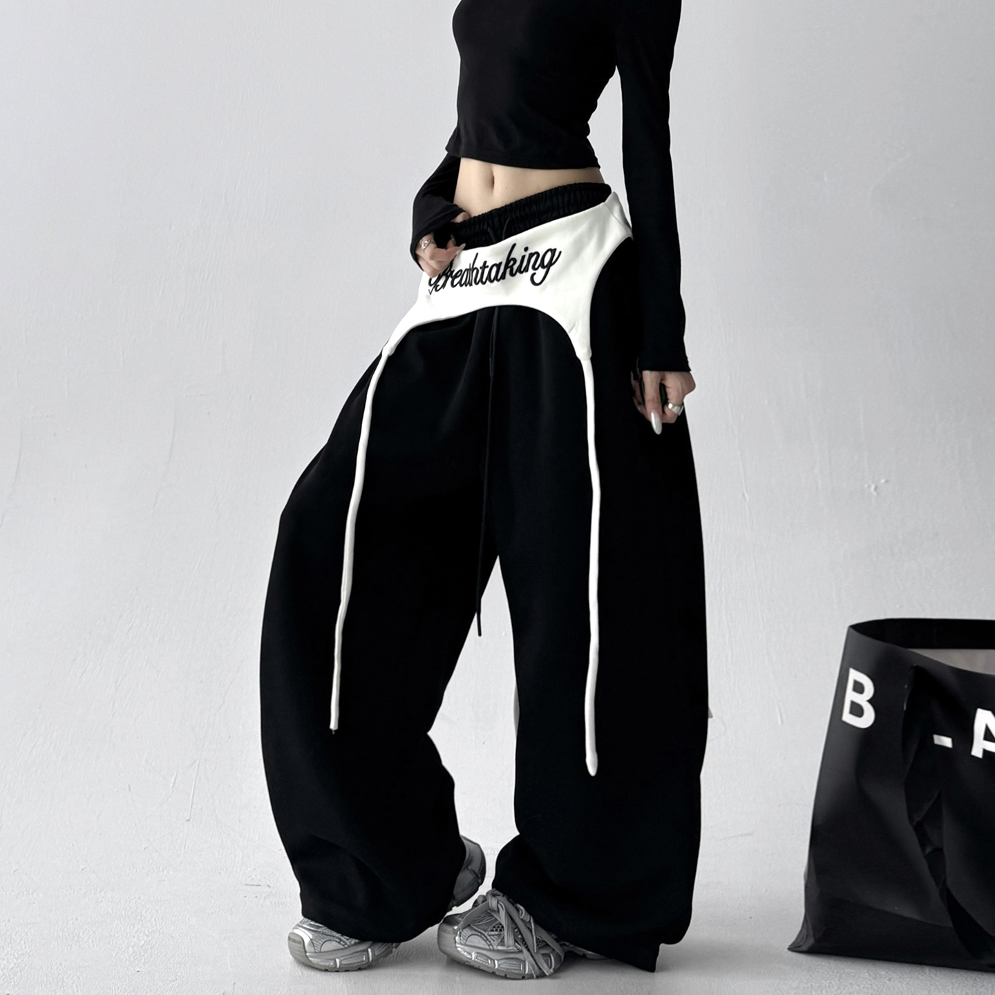 美潮复古撞色可拆卸腰封阔腿裤女2025秋冬廓形显瘦伞兵长裤