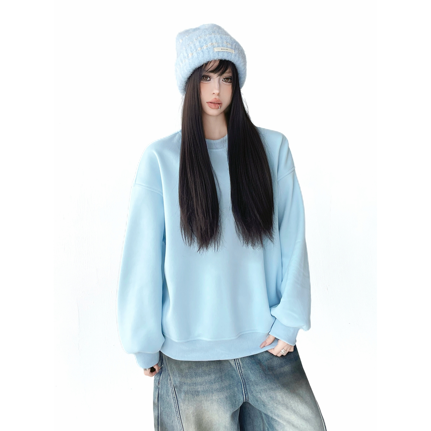 奶蓝色卫衣女2025冬季新款马卡龙色系上衣高级感小清新baby蓝潮