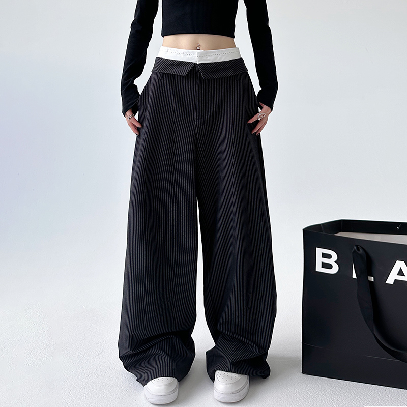 撞色双腰头拼接条纹西裤