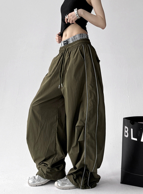今年流行军绿色工装裤2025夏季新款美式松紧腰运动高个子休闲裤
