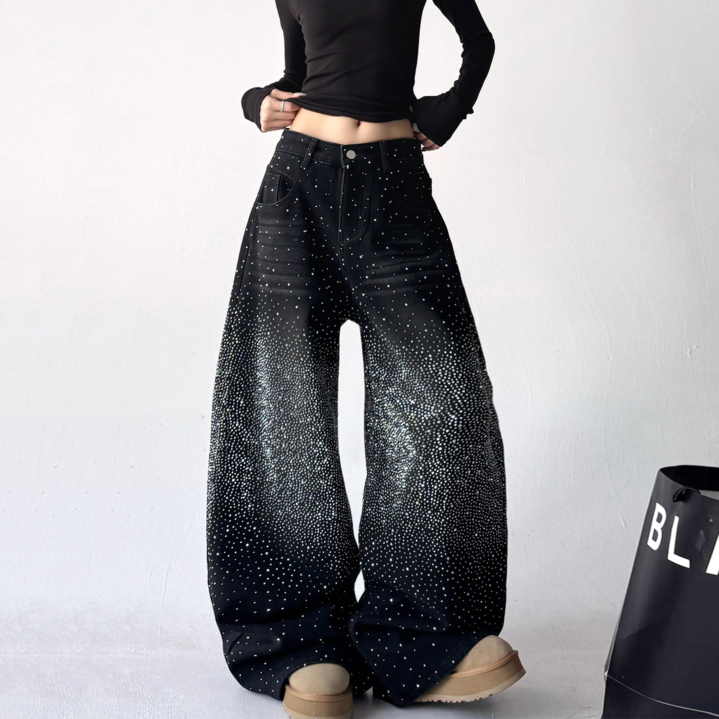 美式复古满天星烫钻拼接牛仔裤子女辣妹时尚宽松慵懒松弛感拖地裤,女装/女士精品,牛仔裤,淘宝优惠券,粉丝福利购,淘宝优惠卷