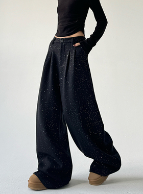 高级感撒银亮闪闪休闲裤女2024冬季加绒时尚洋气加厚阔腿直筒长裤
