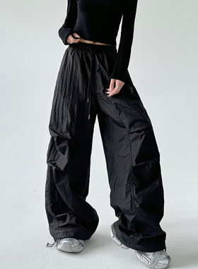 黑色抽绳降落伞兵工装裤女美式宽松复古辣妹休闲阔腿长裤