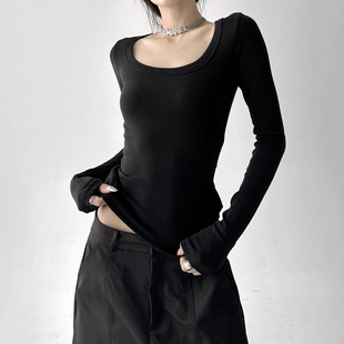 2025年秋冬加绒大U领紧身上衣女低胸性感长袖打底衫锁骨T恤