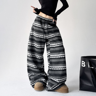 高腰显瘦直筒休闲长裤 爆秋冬季 子 女2025新款 慵懒风撞色条纹阔腿裤
