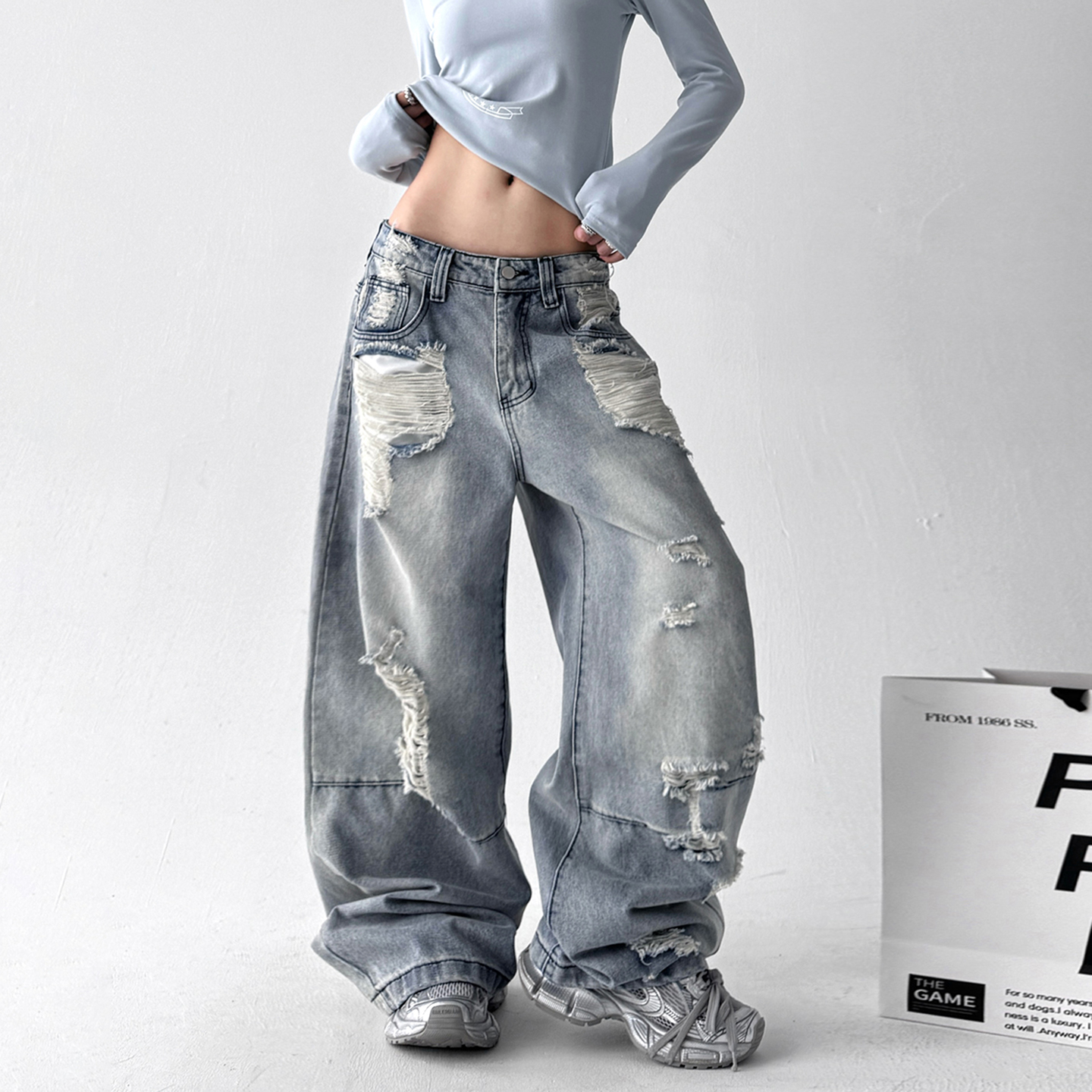 美式复古蓝色水洗破洞牛仔裤女2025夏季新款高街宽松阔腿拖地裤子