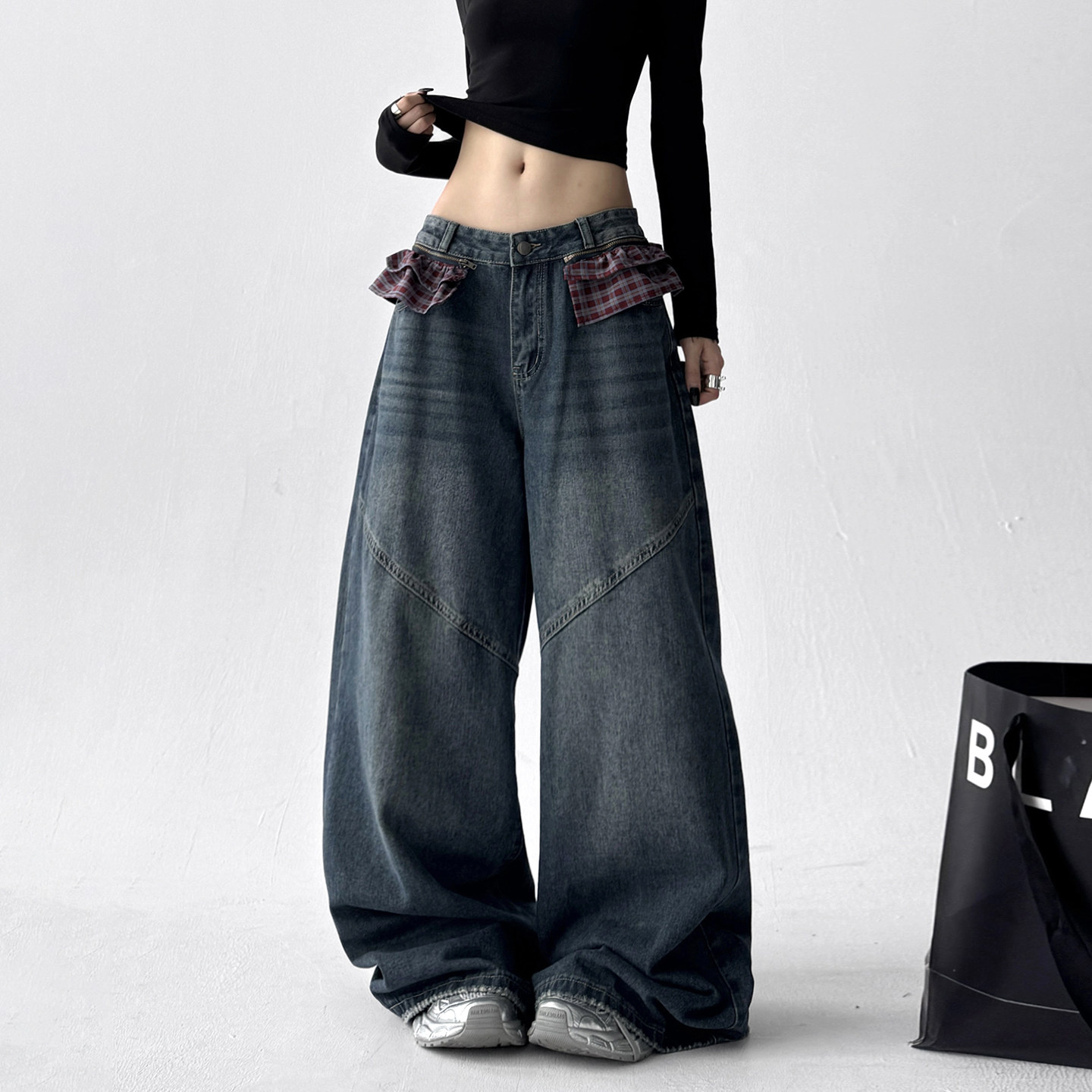 超好看做旧牛仔裤女2025秋装新款设计感宽松阔腿裤显瘦别致休闲裤
