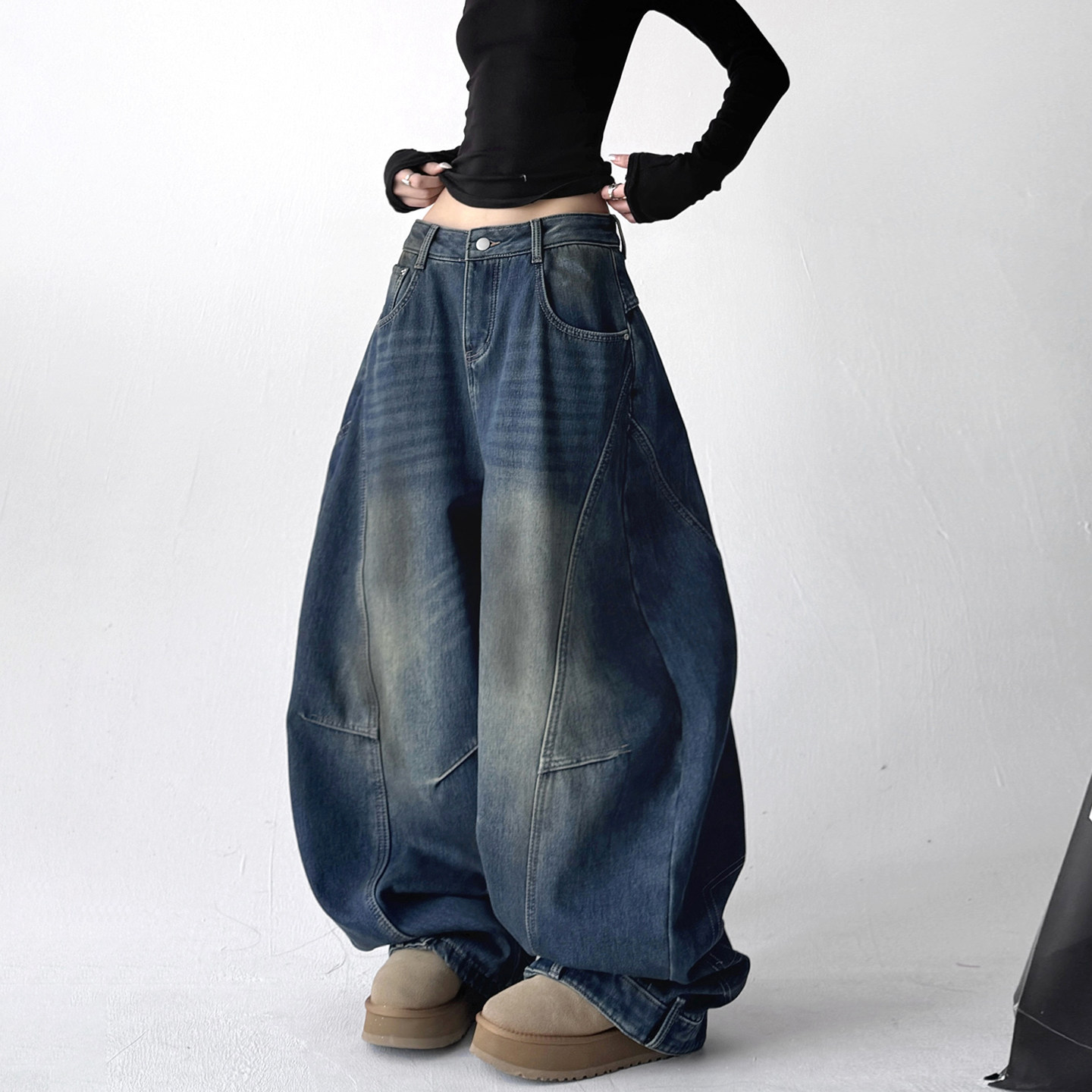 2025冬季新款拼接设计显瘦直筒牛仔裤女宽松百搭阔腿拖地长裤,女装/女士精品,牛仔裤,淘宝优惠券,粉丝福利购,淘宝优惠卷