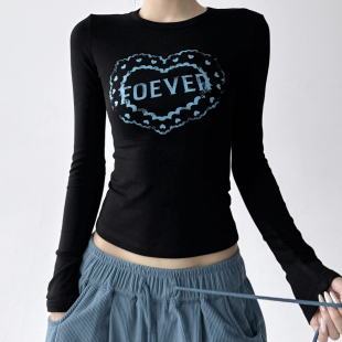 显瘦高弹打底衫 2525秋冬季 T恤女字母印花正修身 原创设计长袖 新款