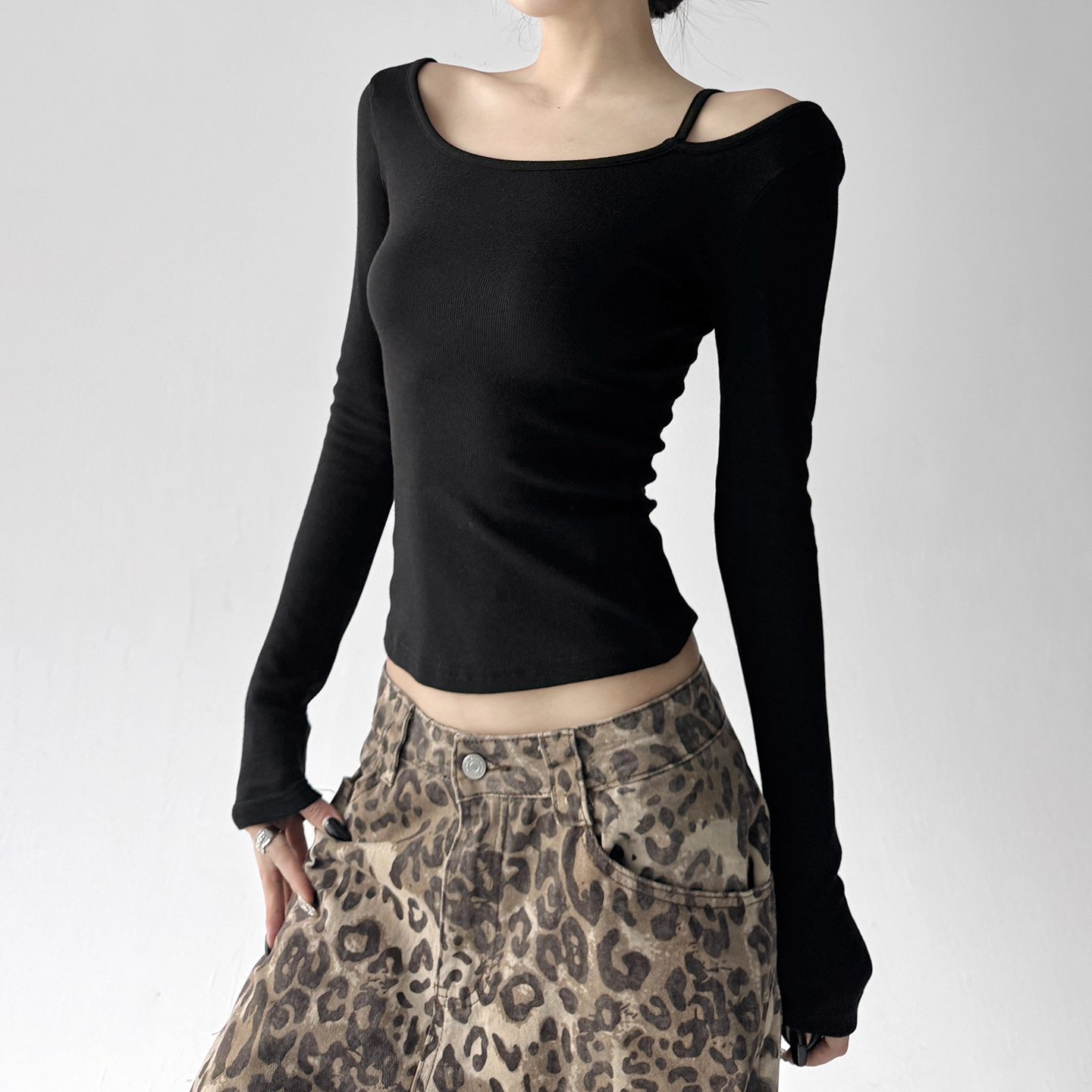 美式复古小圆领长袖T恤