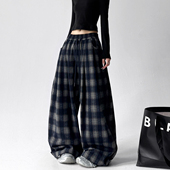 2025加厚复古松弛宽松方格休闲直筒松紧腰长裤 女士秋冬阔腿格子裤