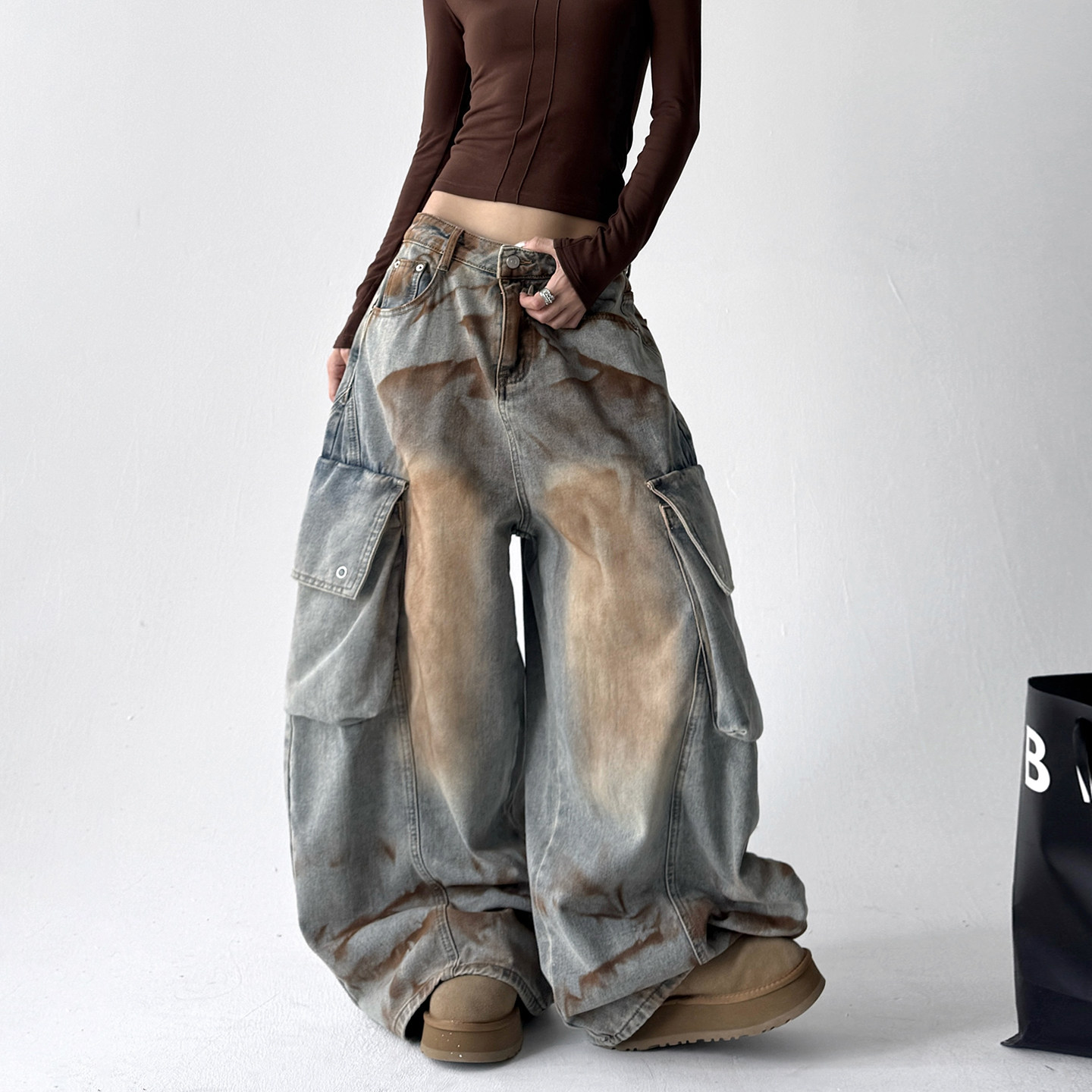 弯刀阔腿牛仔裤女2025冬季新款工装裤新款宽松废土风做直筒垂感裤,女装/女士精品,牛仔裤,淘宝优惠券,粉丝福利购,淘宝优惠卷