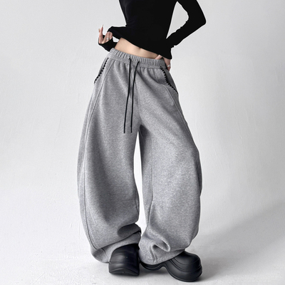 设计感刺绣加绒加厚卫裤女2025冬季新款抽绳束脚阔腿弯刀休闲裤