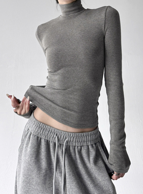 灰色高领长袖T恤女2025冬季新款高级感百搭显瘦打底衫堆堆领上衣