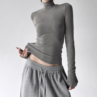 高级感百搭显瘦打底衫 新款 堆堆领上衣 T恤女2025冬季 灰色高领长袖