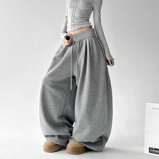 慵懒风系带阔腿裤女2025冬季新款加绒宽松百搭高腰休闲裤灰色裤子