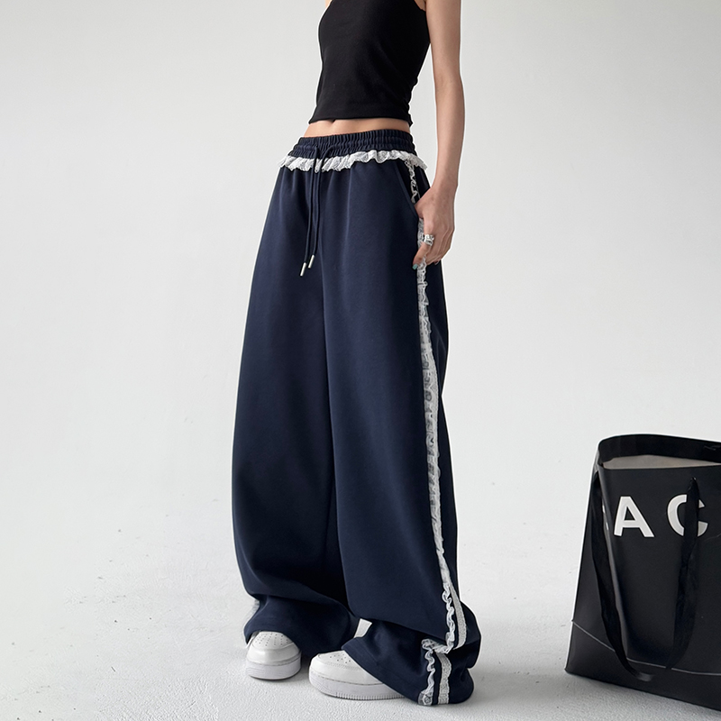 韩系蕾丝花边拼接阔腿裤