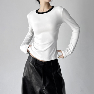 软糯内搭打底衫 白色撞色圆领长袖 修身 新款 韩系上衣 女2025秋冬季