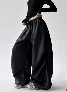 2025年新款黑色PU皮裤女秋冬加绒休闲季加厚宽松直筒阔腿拖地裤子