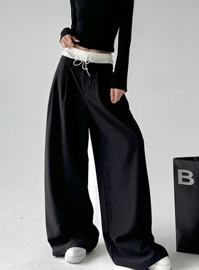美式黑色拼接休闲裤女2025春秋装新款又a又飒宽松设计直筒运动裤