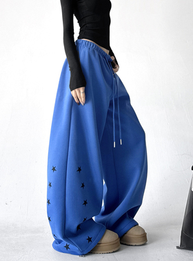 蓝色超火2025冬季新款加绒慵懒刺绣别致运动裤街头卫裤宽松休闲裤