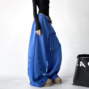 宽松休闲裤 蓝色超火2025冬季 街头卫裤 加绒慵懒刺绣别致运动裤 新款