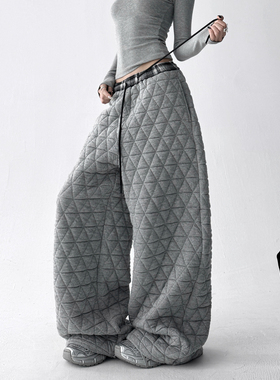 复古灰色萎格夹棉休闲裤女2025冬季新款抽绳直筒加厚保暖阔腿棉裤