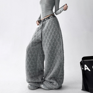 抽绳直筒加厚保暖阔腿棉裤 新款 女2025冬季 复古灰色萎格夹棉休闲裤