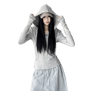 新款 T恤女2025秋冬装 灰色收腰打底高级感上衣简约百 连帽长袖 修身