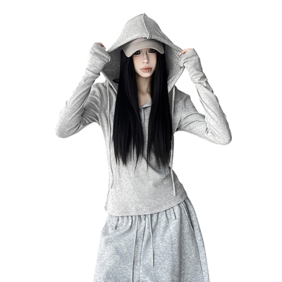 修身连帽长袖T恤女2025秋冬装新款灰色收腰打底高级感上衣简约百