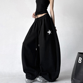 黑色休闲运动风卫裤 户外裤 女2026早春高腰宽松显瘦直筒阔腿裤 个性