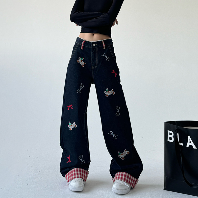甜酷少女谁不爱小狗刺绣设计感小众气质牛仔裤女冬季高腰直筒裤子,女装/女士精品,牛仔裤,淘宝优惠券,粉丝福利购,淘宝优惠卷