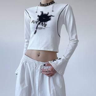 新款 T恤女2025秋装 纯欲修身 短款 美式 上衣春秋款 复古辣妹黑色长袖